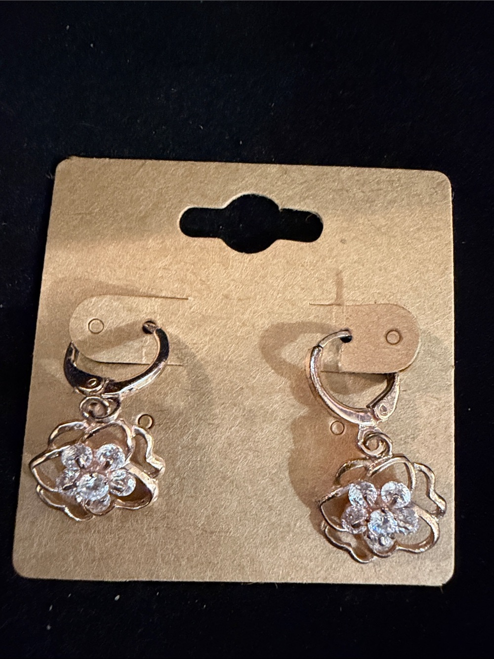 Gold-Tone Floral Drop Earrings with Clear Crystal Accents